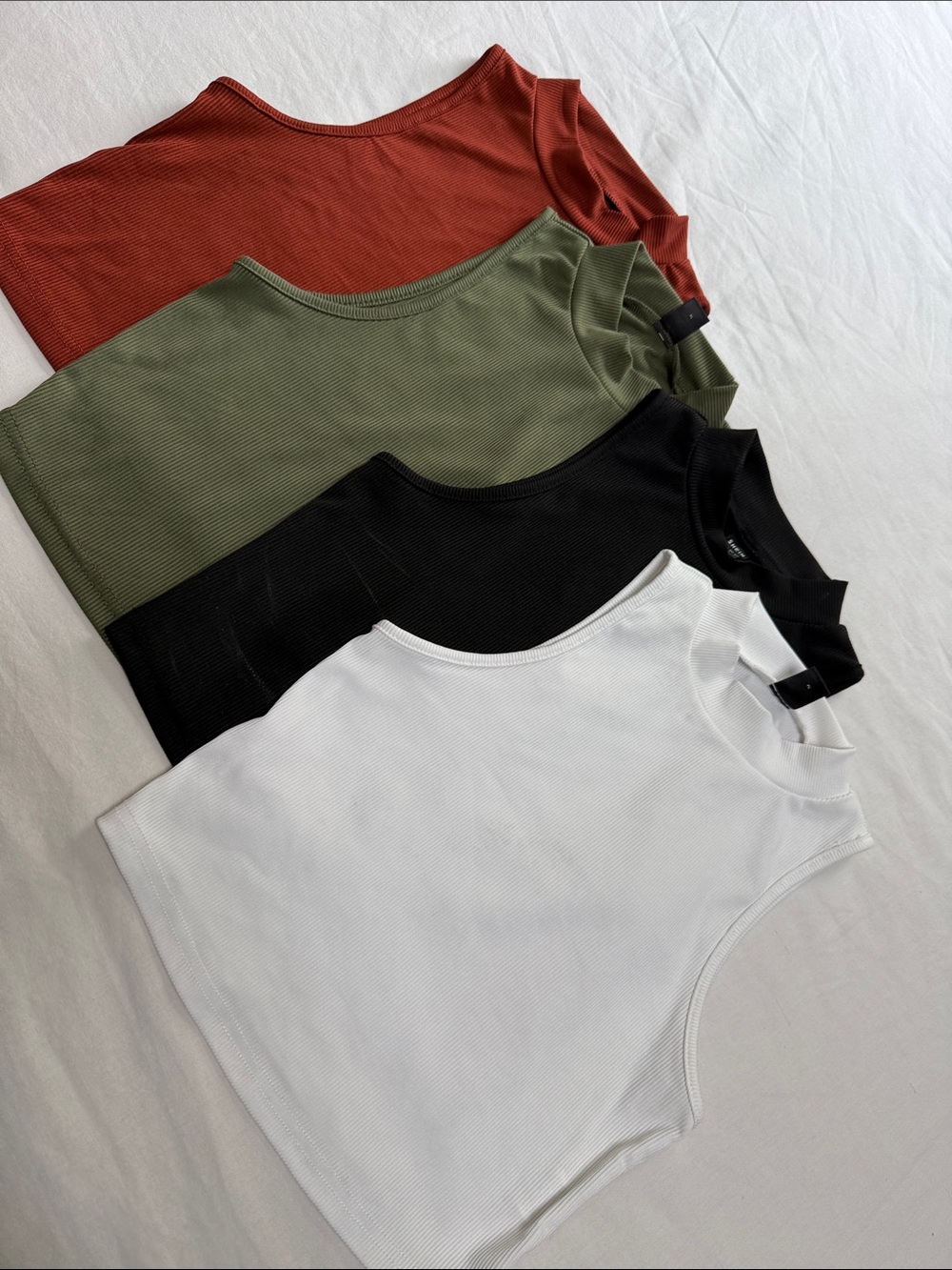 SHEIN Ribbed Sleeveless Crop Tank Top - White, Black, Olive, Rust